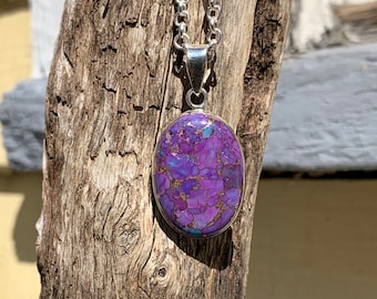 Purple copper turquoise pendant in silver on sterling silver chain