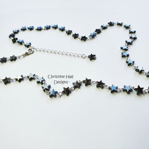 Hematite Dark Grey Black Star Stars Semi Precious Gemstone Gem Bead Beaded Necklace Birthday Present Idea Bridal - with Gift Box UK Seller