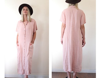 Vintage 90s Pink 100% Summer Linen Midi Shirt Dress