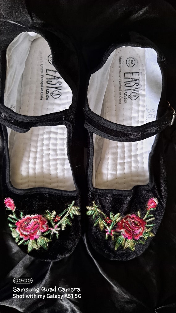 Classic Black Velvet Embroidered Mary Janes