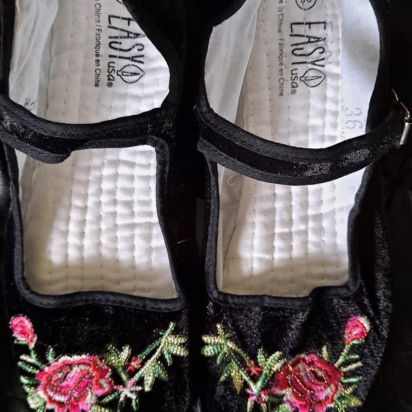 Classic Black Velvet Embroidered Mary Janes