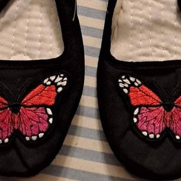 Custom Black Canvas Mary Janes Red Butterfly