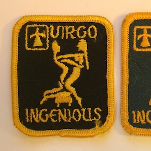 May include: Two yellow and black embroidered patches with the word "VIRGO" and the word "INGENIOUS" in a yellow font. The patches feature a stylized image of a person in the Virgo zodiac sign.