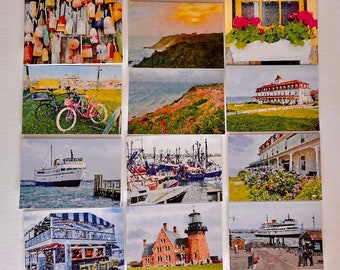 Block Island Notecards, Set of 12 Original Images, Ferry Spring House Cliffs Harbor Boats Lighthouse Champlins Flowers Bicycle, Blank 3 X 5