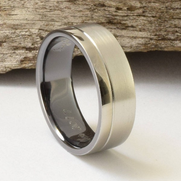 Mens wedding band, titanium ring with black interior and a brushed and high polished exterior, mens titanium wedding rings, bague homme