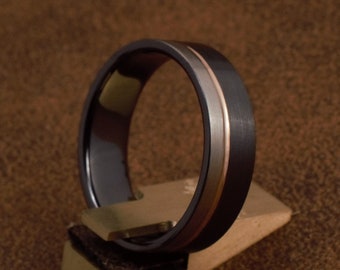 Black gold ring, black titanium band with 18k rose gold inlay. Two tone ring, black and titanium