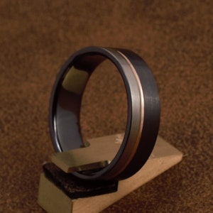 Flat Damascus Steel Ring with Offset 14K Rose Gold Inlay and Oxide Finish | Epic Wood
