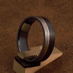 Black gold ring, black titanium band with 18k rose gold inlay. Two tone ring, black and titanium