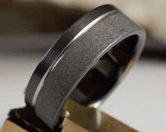 Two Tone Titanium Wedding Band, Sandblasted Black Ring, Unique Design