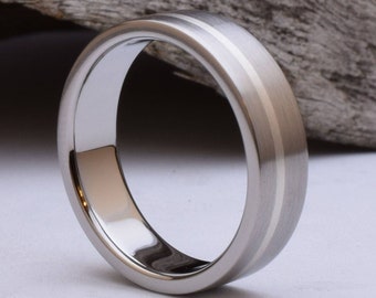 Handmade titanium wedding ring with sterling silver inlay, brushed titanium wedding band, mens wedding band, titanium ring mens