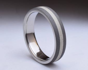 May include: A gray titanium wedding band with two white lines around the band.