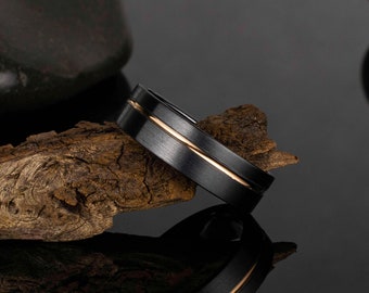 Anillo de oro negro, banda de titanio negro con incrustaciones de oro de 18k, anillo de boda perfecto para hombre, anillo negro, Bauge homme, Alliance homme