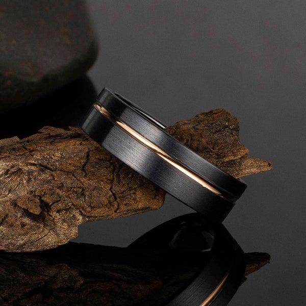 Schwarz Gold Ring, schwarzes Titan Band mit 18k Gold Inlay, perfekter Herren Ehering, schwarzer Ring, Bauge homme,alliance homme