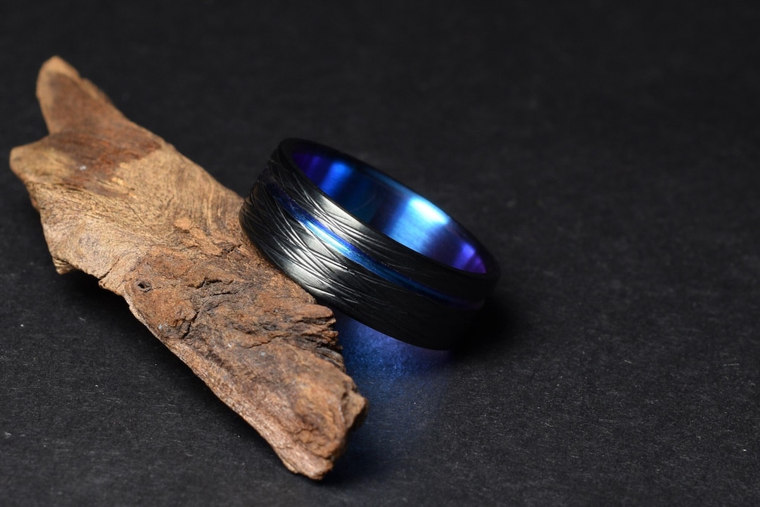 Anillo de hombre, anillo de titanio negro y azul, alianza de boda
