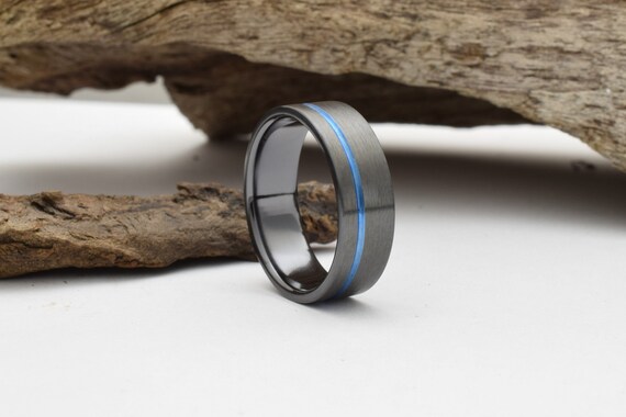 Black Titanium Wedding Band With Blue Mens Wedding Bands