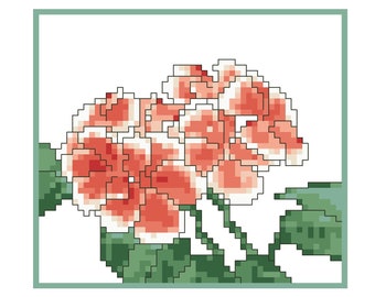 GERANIUM Counted Cross Stitch Pattern / Chart - Shades of Coral Flower Embroidery Design - Floral / Flower Cross Stitch