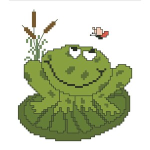 FROG Counted Cross Stitch Pattern / Chart - Green Frog on Lily pad Embroidery Design - Butterfly, Cattails - JUST FROGGIN&#39;