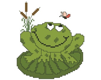 FROG Counted Cross Stitch Pattern / Chart - Green Frog on Lily pad Embroidery Design - Butterfly, Cattails - JUST FROGGIN'