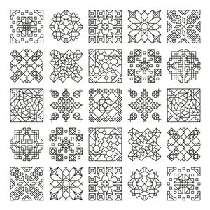 以下が含まれることがあります： 25個の白黒の幾何学模様のセット。それぞれがユニークなデザインです。模様はすべて正方形で、対称的なデザインです。