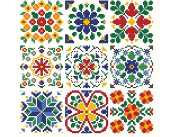 FLORAL TILES Counted Cross Stitch Pattern, Colorful Flower Squares Embroidery Chart, Bright Colors Needlework Design