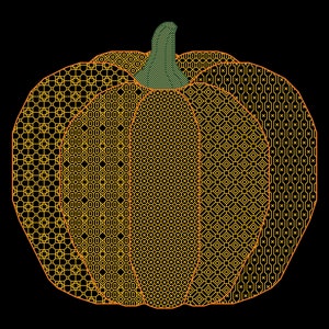 May include: A stylized orange pumpkin with a green stem, made up of different geometric patterns.