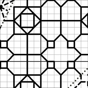 May include: Black and white geometric pattern with a grid background. The pattern is made up of squares and rectangles.