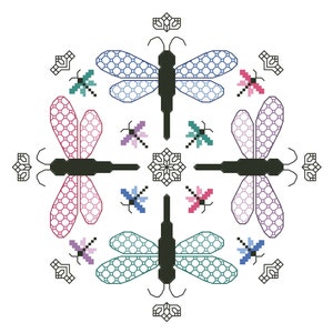 BLACKWORK DRAGONFLIES Counted Cross Stitch Pattern / Chart, Multicolor Needlework Design, Modern Embroidery