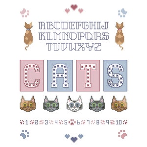 May include: Cross-stitch alphabet with the word "CATS" in a colorful design. The letters are surrounded by images of cats and paw prints. The alphabet includes numbers 1-10.