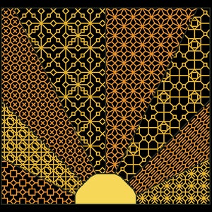 May include: A black background with a yellow sun rising behind a geometric pattern of gold and orange lines.