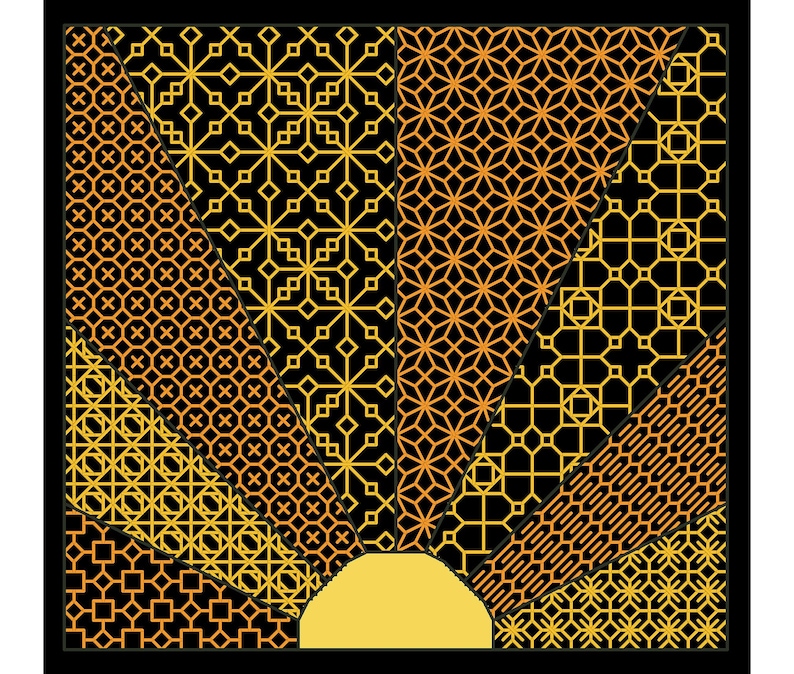 May include: A black background with a yellow sun rising behind a geometric pattern of gold and orange lines.