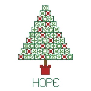 Puede incluir: Un diseño geométrico de árbol de Navidad en verde, rojo y blanco, con un tronco marrón y una maceta roja. La palabra "HOPE" está escrita en verde debajo del árbol, todo sobre un fondo blanco.