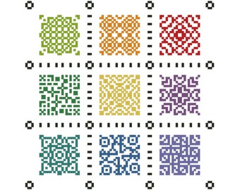 GEOMETRIC Counted Cross Stitch Pattern, 3 X 3 Brightly Colored SQUARES, 9 Different MOTIFS and Colors, Embroidery / Needlework Chart