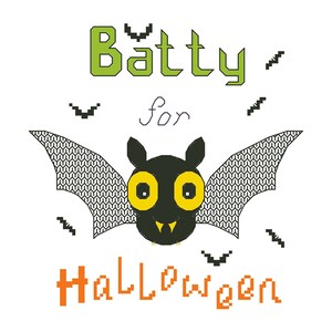 May include: A Halloween-themed graphic featuring a black bat with yellow eyes and patterned wings. The text "Batty for Halloween" is displayed in green and orange pixelated fonts, with small bat silhouettes scattered around.