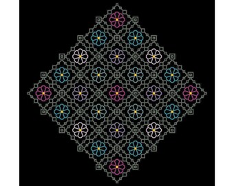 FLOWER LATTICE  Blackwork Pattern - Colors Suited for Black Fabric Only - Cross Stitch Chart - Counted Thread Embroidery Design