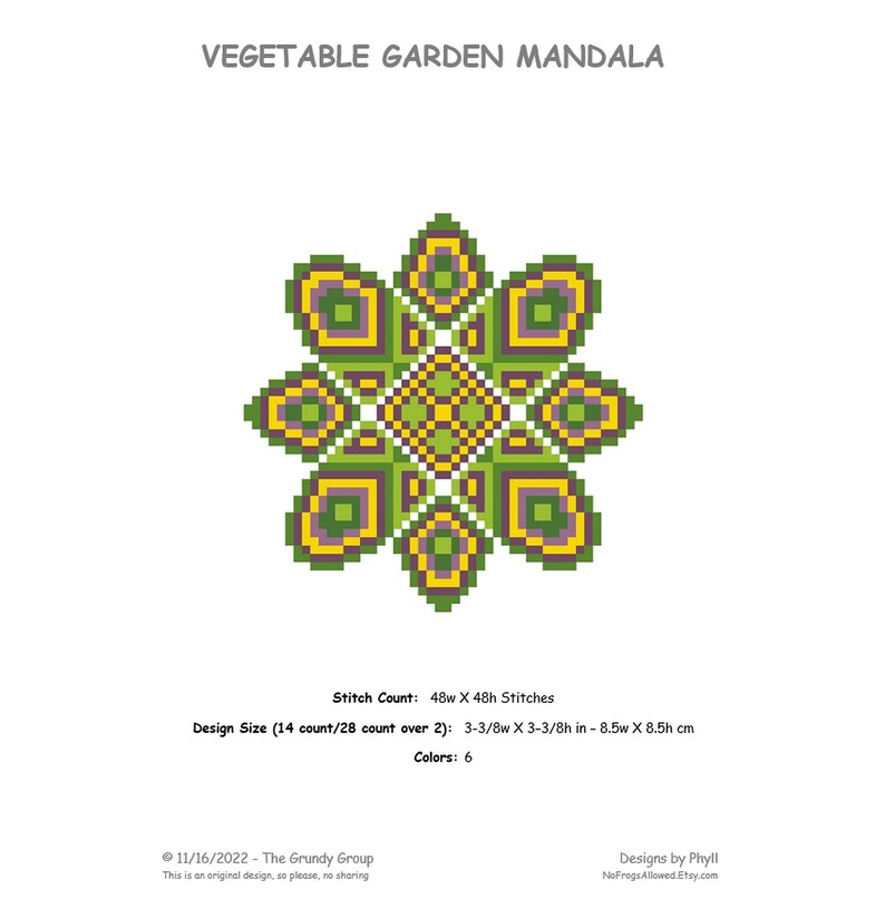 MANDALA Counted Cross Stitch Pattern Purple, Green, Yellow Embroidery Chart Vegetable Garden Mandala Modern, Round Design image 2