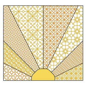 May include: A geometric pattern design with a sunburst effect in shades of yellow and orange. The design is made up of repeating squares, circles, and stars.