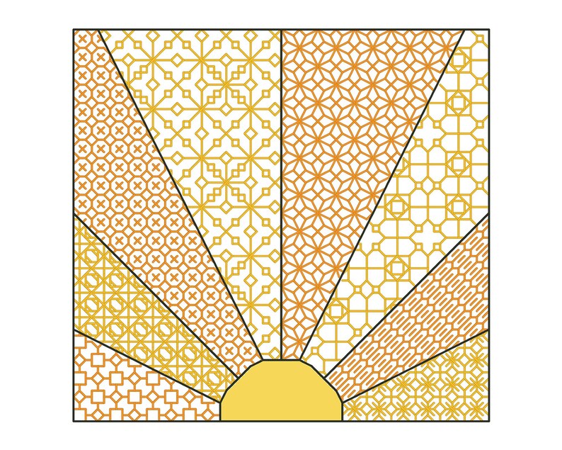 May include: A geometric pattern design with a sunburst effect in shades of yellow and orange. The design is made up of repeating squares, circles, and stars.