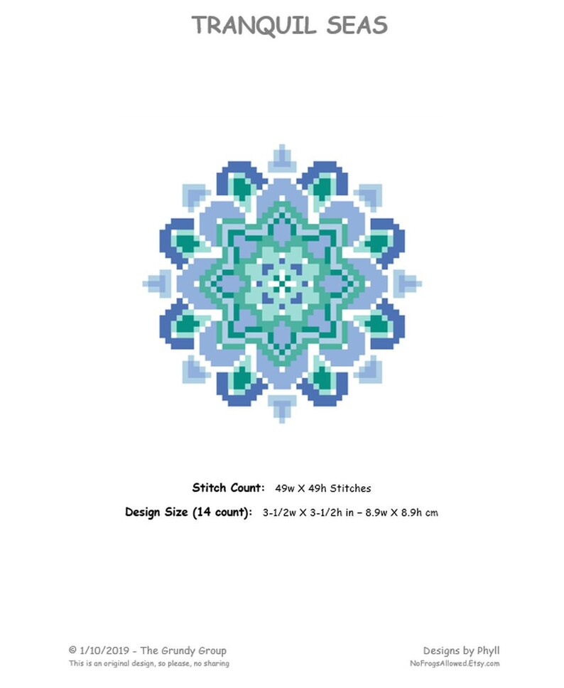 Mandala Counted Cross Stitch Pattern / Chart, TRANQUIL SEAS Blue and Green, Modern, Geometric Embroidery Design full stitches only image 2