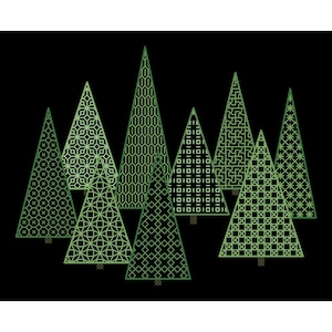 BLACKWORK TREES Counted Cross Stitch Pattern / Chart - Modern Geometric Embroidery Design - Green Trees on Black Fabric Needlework Chart