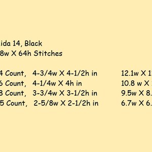 May include: Aida 14 black fabric with 68 inches wide by 64 inches high stitches.  The fabric is suitable for 14 count, 16 count, 18 count, and 25 count projects.  The finished size of the project will vary depending on the count of the fabric.  The finished size of the project is listed in inches and centimeters.