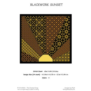 May include: Blackwork Sunset cross stitch pattern with a geometric design in shades of orange, yellow, and black. Stitch count: 68w x 64h. Design size: 4-3/4w x 4-1/2h in.