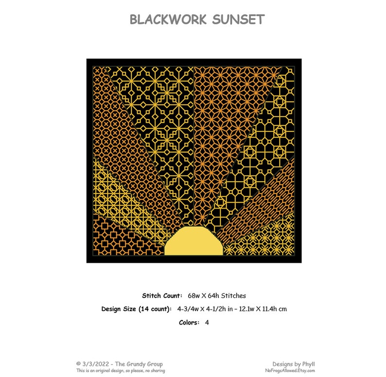 May include: Blackwork Sunset cross stitch pattern with a geometric design in shades of orange, yellow, and black. Stitch count: 68w x 64h. Design size: 4-3/4w x 4-1/2h in.