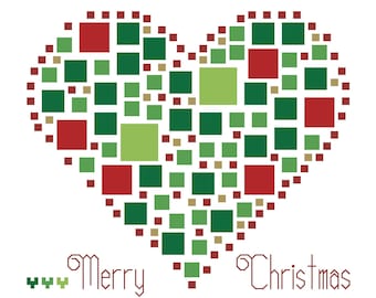 CHRISTMAS HEART Cross Stitch Pattern, Geometric Embroidery Design, Red, Green, Gold Metallic Needlework Chart, Merry Christmas