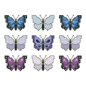 Puede incluir: Nueve mariposas de arte de píxeles en varios colores y patrones. Las mariposas son azules, moradas y blancas con patrones geométricos.