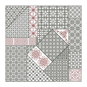 Puede incluir: Una colcha de patrón geométrico en blanco y negro con acentos rojos. La colcha está compuesta por muchos cuadrados diferentes, cada uno con un diseño único. La colcha es perfecta para agregar un toque de estilo moderno a cualquier habitación.