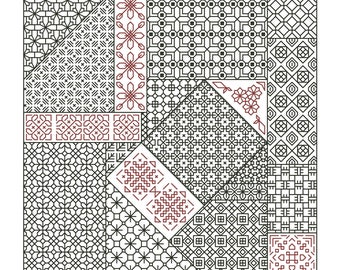 CRAZY PATCH Blackwork / Backstitch Pattern / Chart - Counted Cross Stitch - geometric patchwork embroidery design