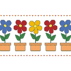 May include: Five potted flowers in a row. The flowers are blue, red, yellow, red, and blue. The pots are orange with a brown rim.