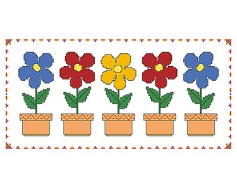 FLOWERS in POTS Counted Cross Stitch Pattern, Red Yellow Blue Posies, Southwest Design, Terracotta Planters, Bright Embroidery Chart, POTTED