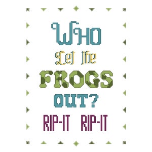 May include: A white background with a green, blue, and yellow text design that reads "Who Let the Frogs Out? Rip-It Rip-It".