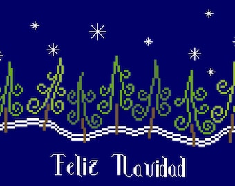 SWIRLY TREES Counted Cross Stitch Pattern / Chart - Feliz Navidad / Christmas modern embroidery design - stitch on navy or black Aida fabric